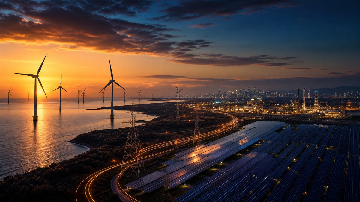 Energy infrastructure at dusk , wind turbines, solar farm, and transmission lines