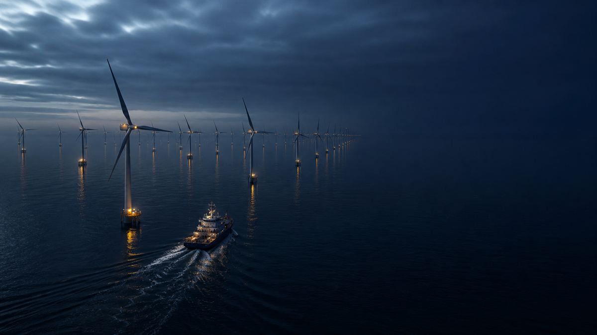 Offshore wind farm with maintenance vessel at dusk
